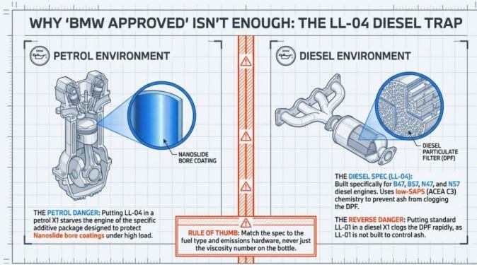 Why LL-04 (diesel oil) will not work in a petrol X1