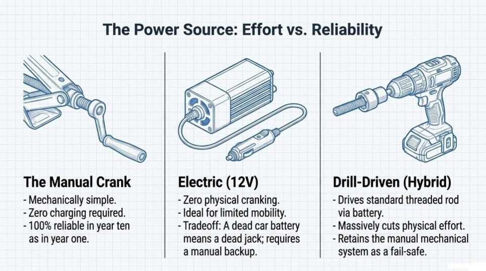 Manual vs electric vs drill-driven scissor jacks