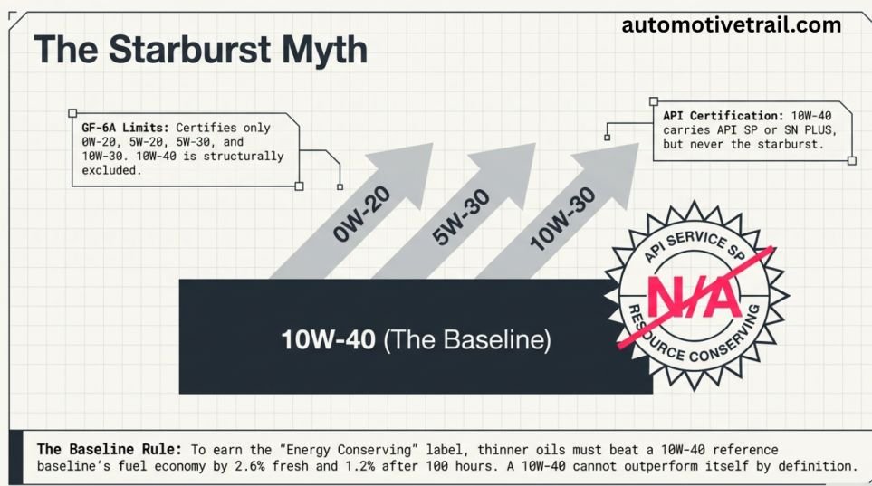 The API/ILSAC gap: why 10W-40 never carries the starburst