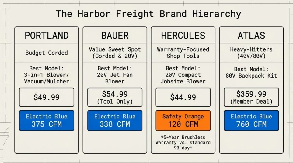 Portland, Bauer, Atlas, and Hercules leaf blowers compared